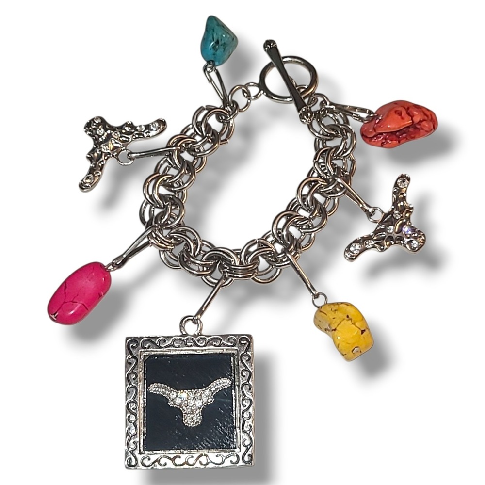 Western‎ Silver Tone Chunky Charm Bracelet Longhorn Turquoise Coral Beads 8"